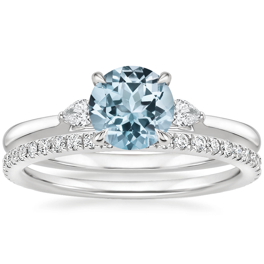 PT Aquamarine Perfect Fit Three Stone Pear Diamond Ring with Luxe Ballad Diamond Ring, top view