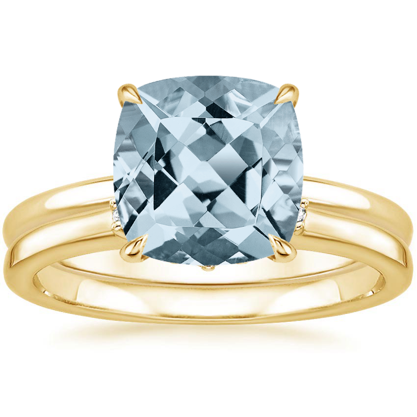 18KY Aquamarine Elodie Ring with Crescent Diamond Ring, top view