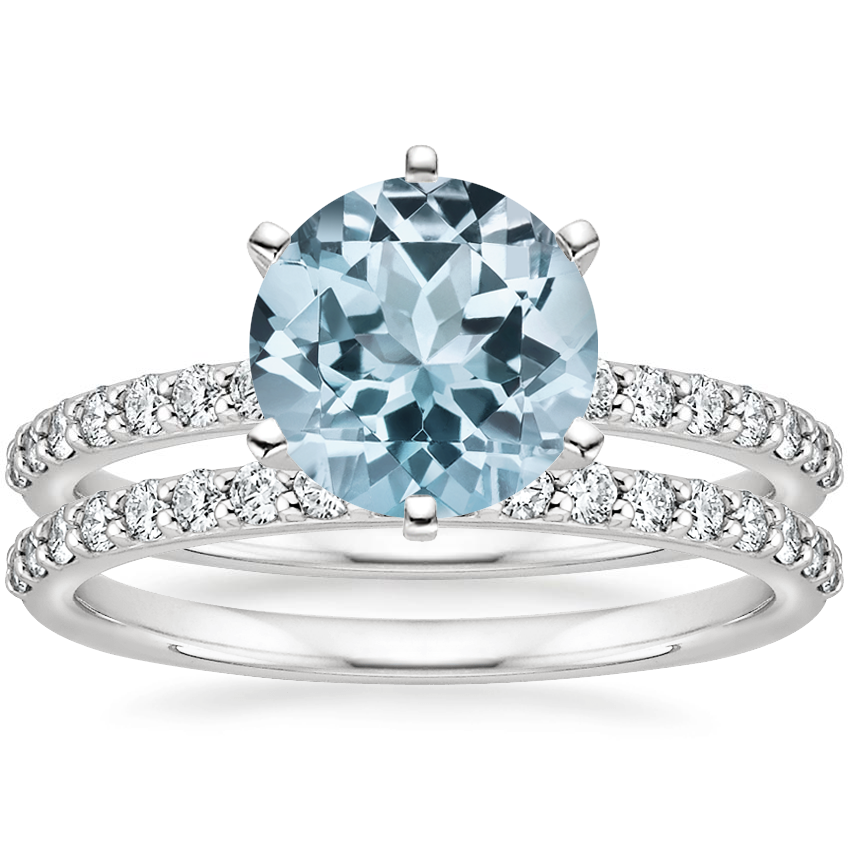 18KW Aquamarine Six Prong Petite Shared Prong Diamond Bridal Set, top view