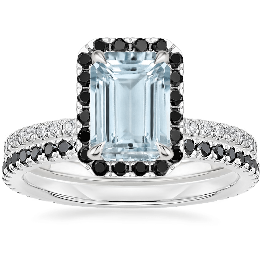 18KW Aquamarine Waverly Diamond Ring with Black Diamond Accents with Luxe Ballad Black Diamond Ring, top view
