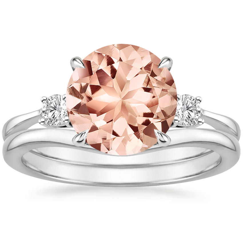 18KW Morganite Selene Diamond Ring (1/10 ct. tw.) with Petite Curved Wedding Ring, top view