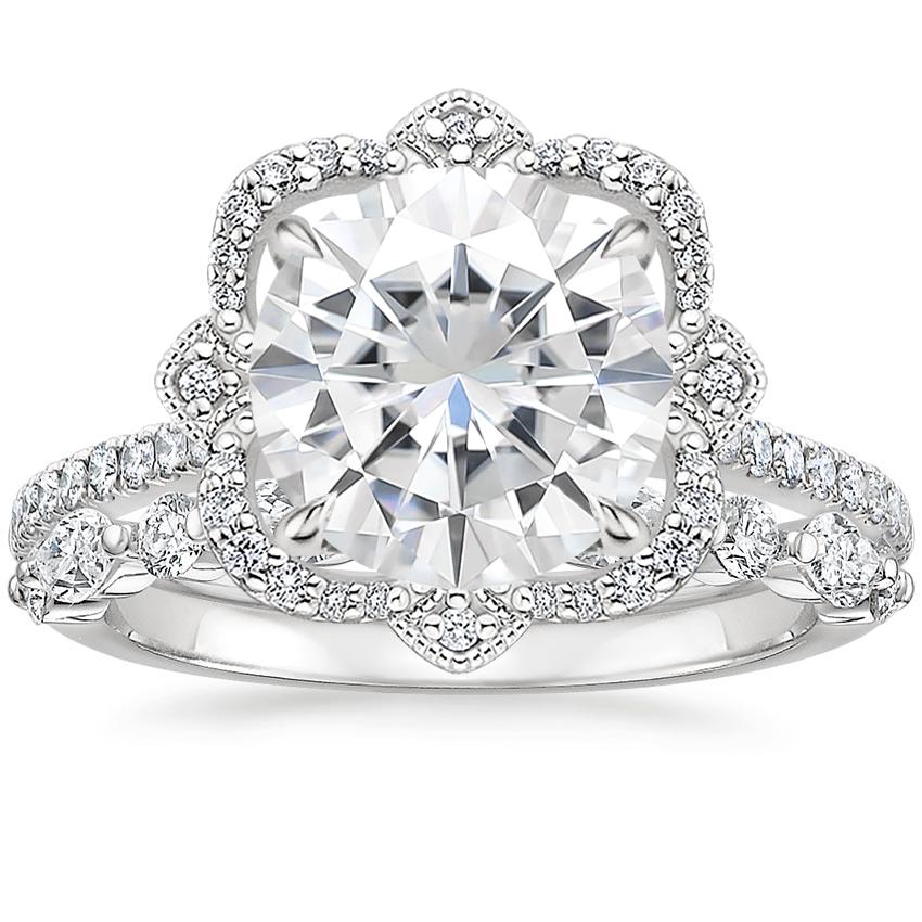 18KW Moissanite Reina Diamond Ring with Versailles Diamond Ring (3/8 ct. tw.), top view