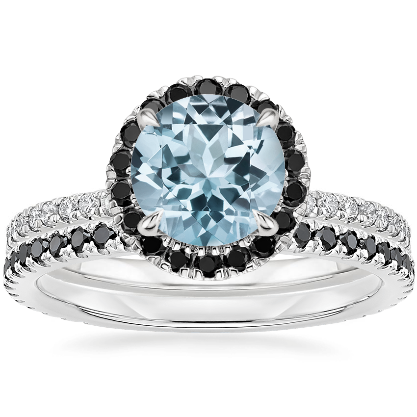 18KW Aquamarine Waverly Diamond Ring with Black Diamond Accents with Luxe Ballad Black Diamond Ring, top view