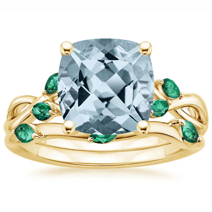 18KY Aquamarine Willow Bridal Set With Lab Emerald Accents, top view