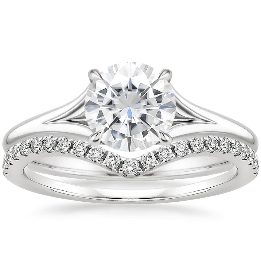 18KW Moissanite Reverie Ring with Flair Diamond Ring (1/6 ct. tw.), top view