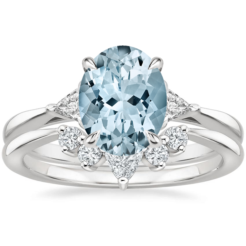 PT Aquamarine Trillion Three Stone Diamond Engagement Ring with Hadley Contoured Diamond Ring, top view