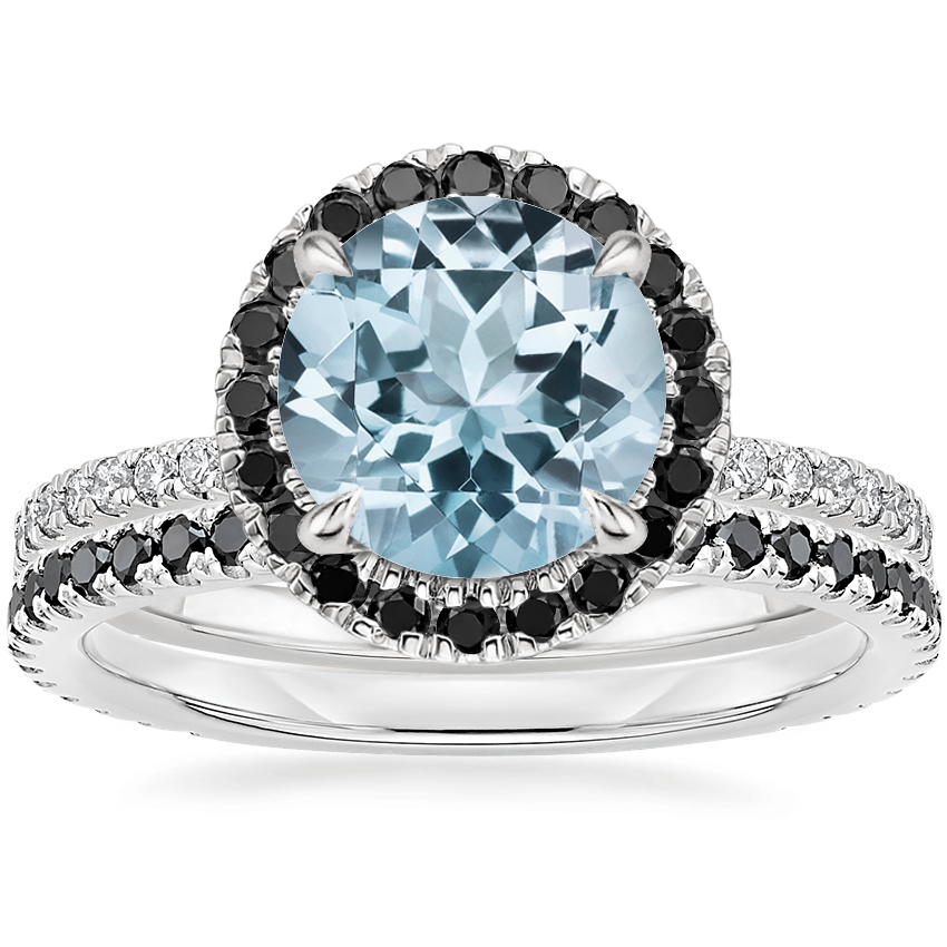 18KW Aquamarine Waverly Diamond Ring with Black Diamond Accents with Luxe Ballad Black Diamond Ring, top view