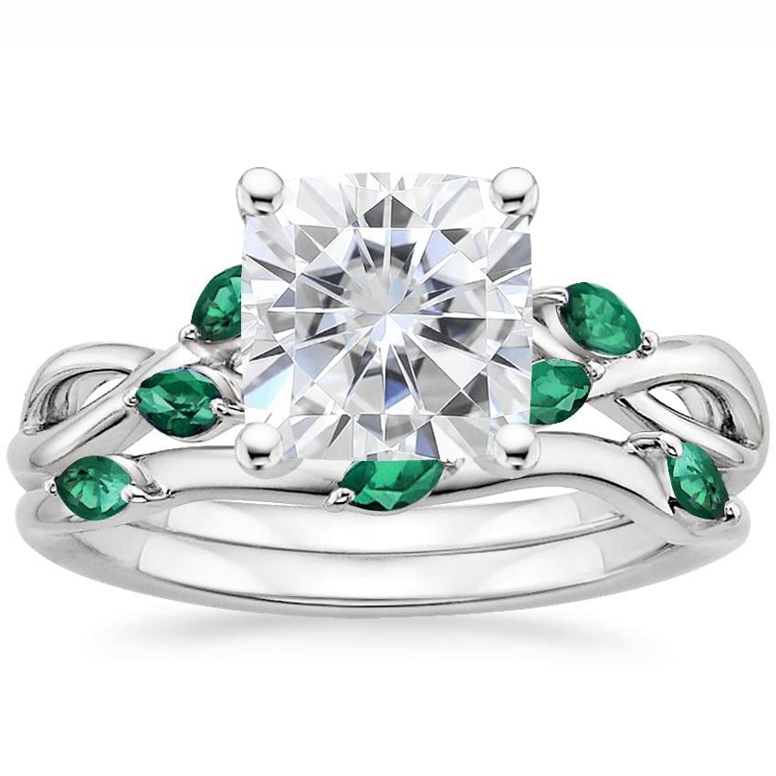 18KW Moissanite Willow Bridal Set With Lab Emerald Accents, top view