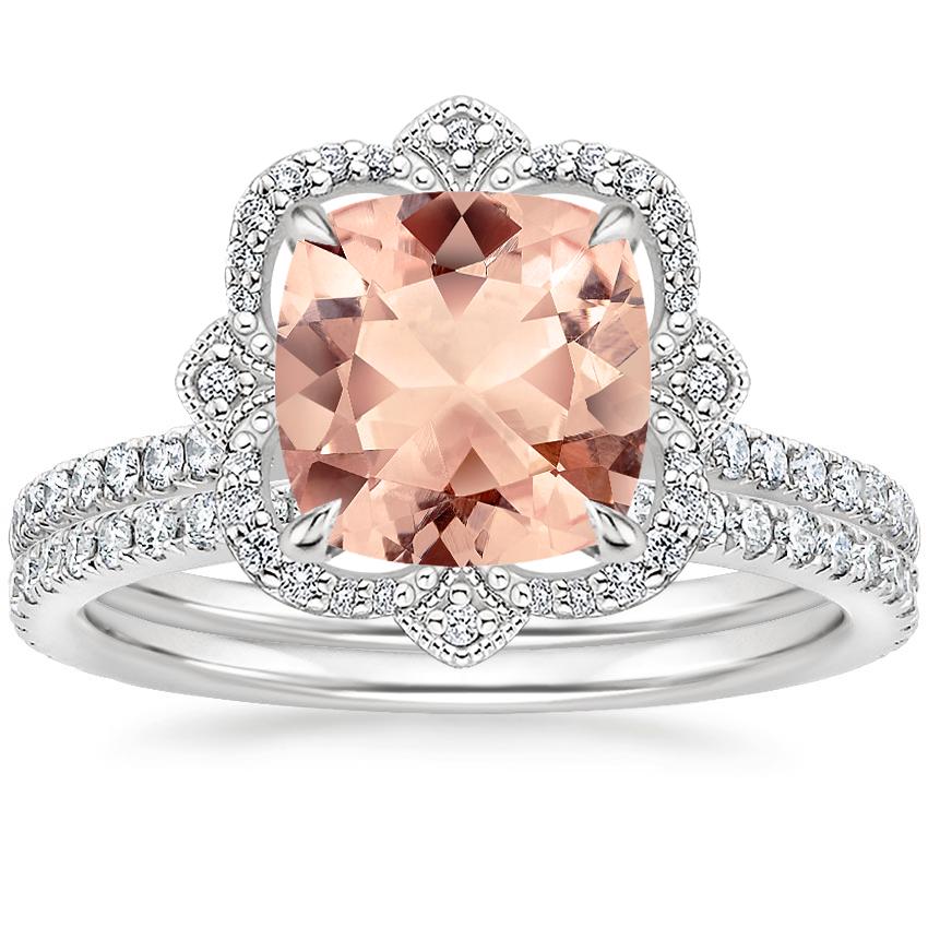 18KW Morganite Reina Diamond Ring with Luxe Ballad Diamond Ring (1/4 ct. tw.), top view