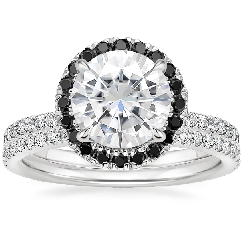 18KW Moissanite Waverly Diamond Ring with Black Diamond Accents with Luxe Ballad Diamond Ring, top view