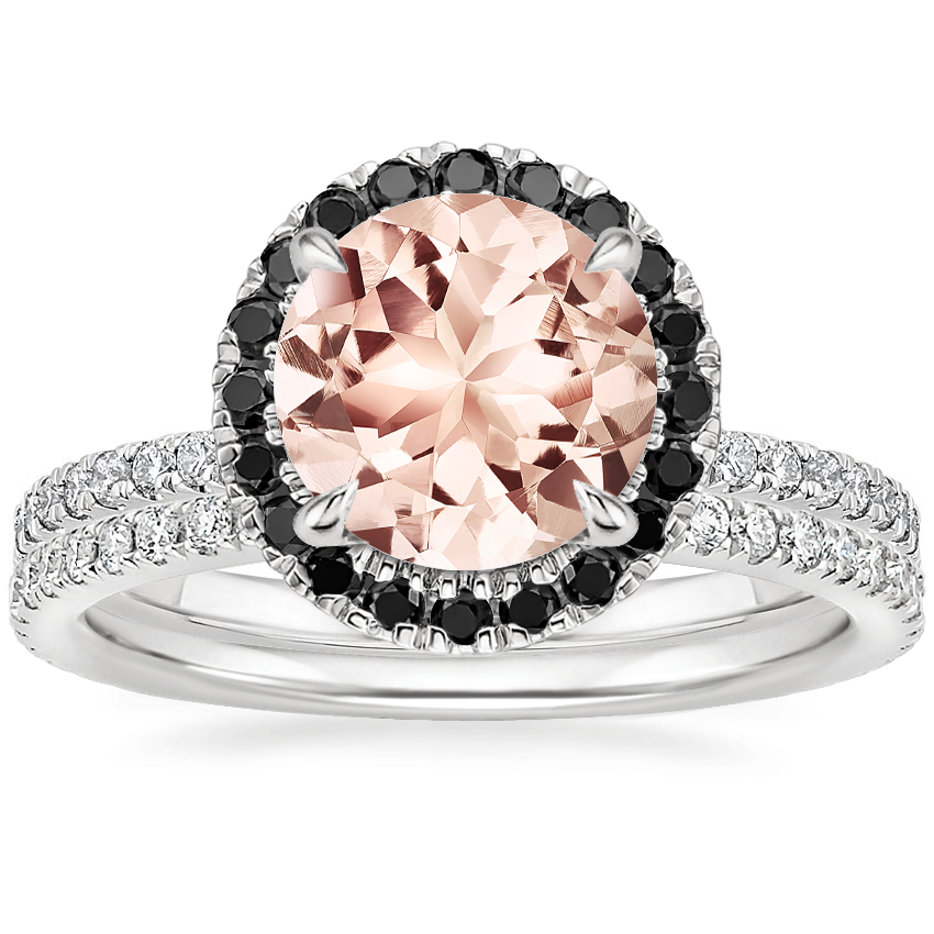 18KW Morganite Waverly Diamond Ring with Black Diamond Accents with Luxe Ballad Diamond Ring, top view