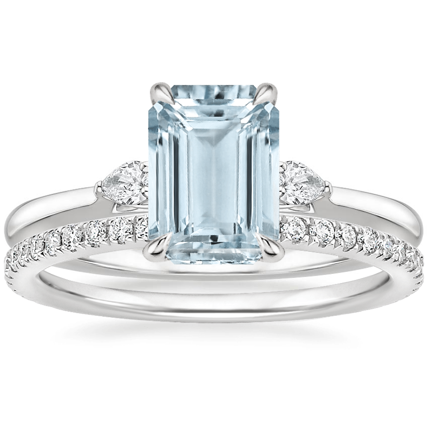 18KW Aquamarine Perfect Fit Three Stone Pear Diamond Ring with Luxe Ballad Diamond Ring, top view