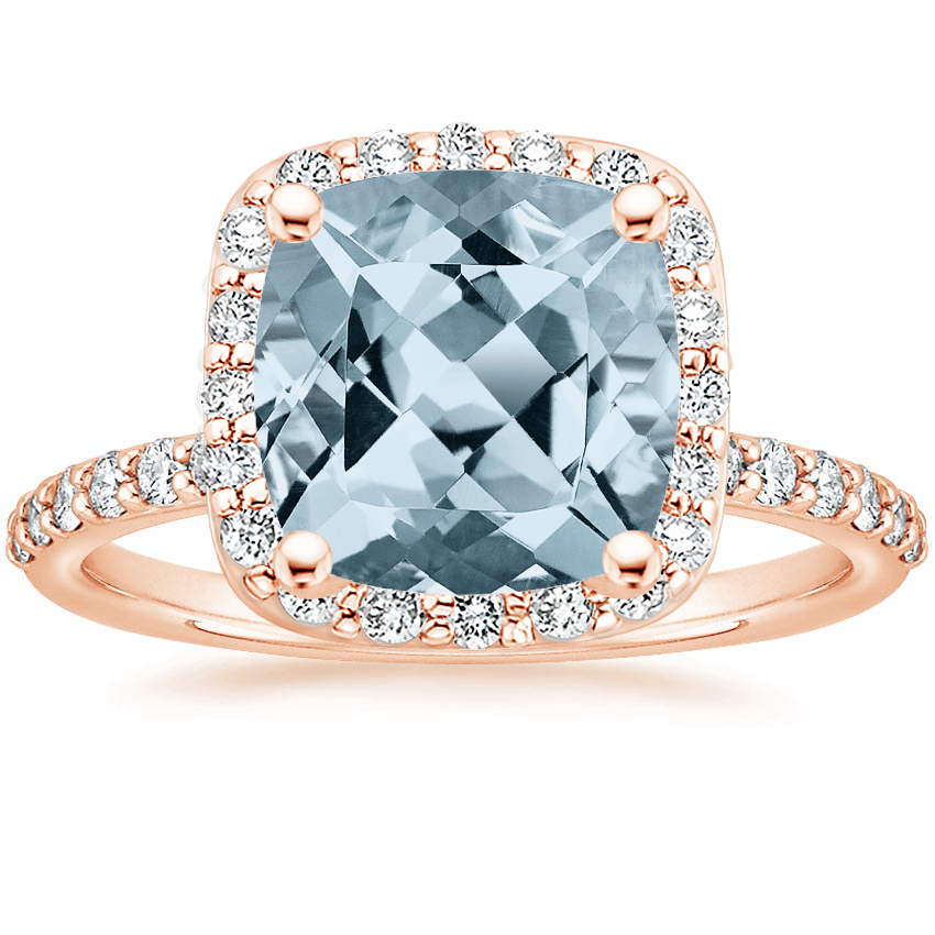 Rose Gold Aquamarine Shared Prong Halo Diamond Ring