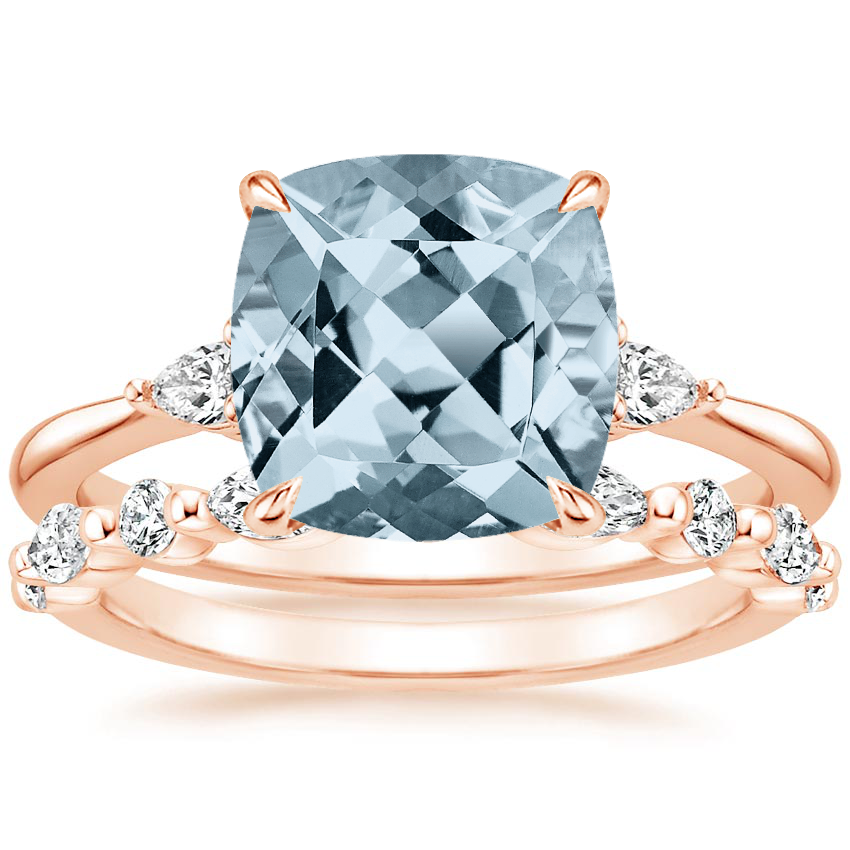 14KR Aquamarine Aria Diamond Ring (1/10 ct. tw.) with Versailles Diamond Ring (3/8 ct. tw.), top view