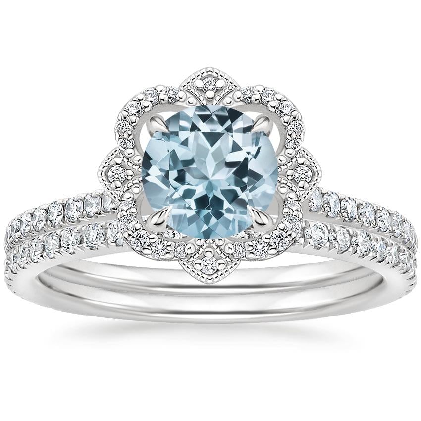 PT Aquamarine Reina Diamond Ring with Luxe Ballad Diamond Ring (1/4 ct. tw.), top view