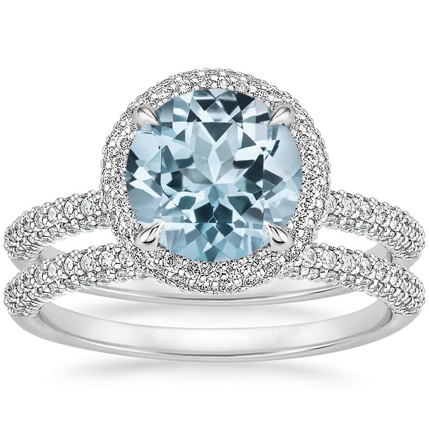 18KW Aquamarine Valencia Halo Diamond Bridal Set, top view