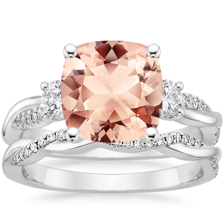18KW Morganite Three Stone Petite Twisted Vine Diamond Bridal Set (1/2 ct. tw.), top view