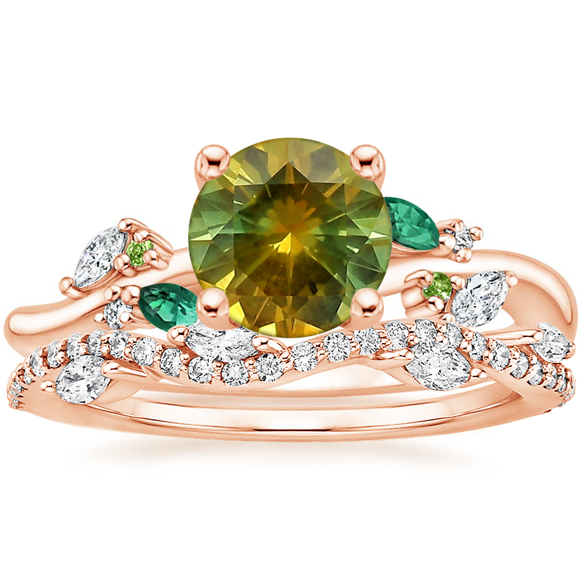 14K Rose Gold Arden Diamond Ring with Lab Emerald Accents with Luxe Winding Willow Diamond Ring (1/4 ct. tw.)