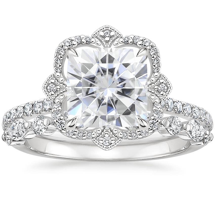 18KW Moissanite Reina Diamond Ring with Versailles Diamond Ring (3/8 ct. tw.), top view