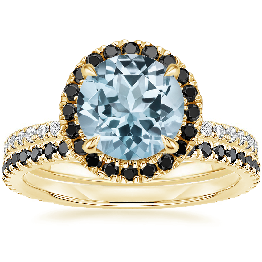18KY Aquamarine Waverly Diamond Ring with Black Diamond Accents with Luxe Ballad Black Diamond Ring, top view