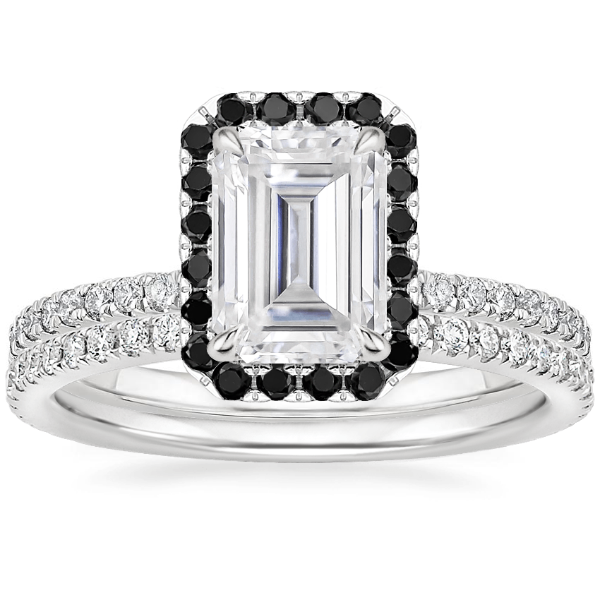 18KW Moissanite Waverly Diamond Ring with Black Diamond Accents with Luxe Ballad Diamond Ring, top view