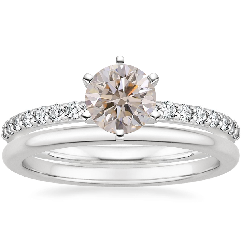 18K White Gold Six Prong Petite Shared Prong Diamond Ring (1/4 ct. tw.) with Petite Comfort Fit Wedding Ring
