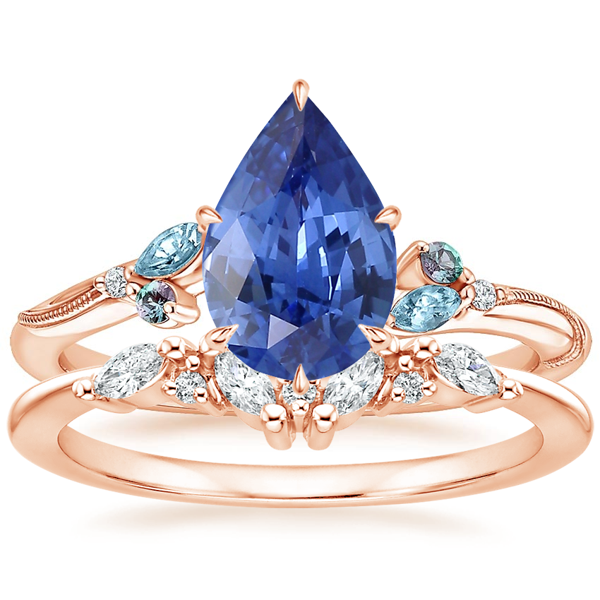 14K Rose Gold Camellia Indigo Milgrain Ring with Yvette Diamond Ring