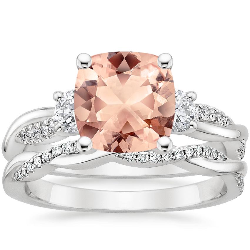 18KW Morganite Three Stone Petite Twisted Vine Diamond Bridal Set (1/2 ct. tw.), top view