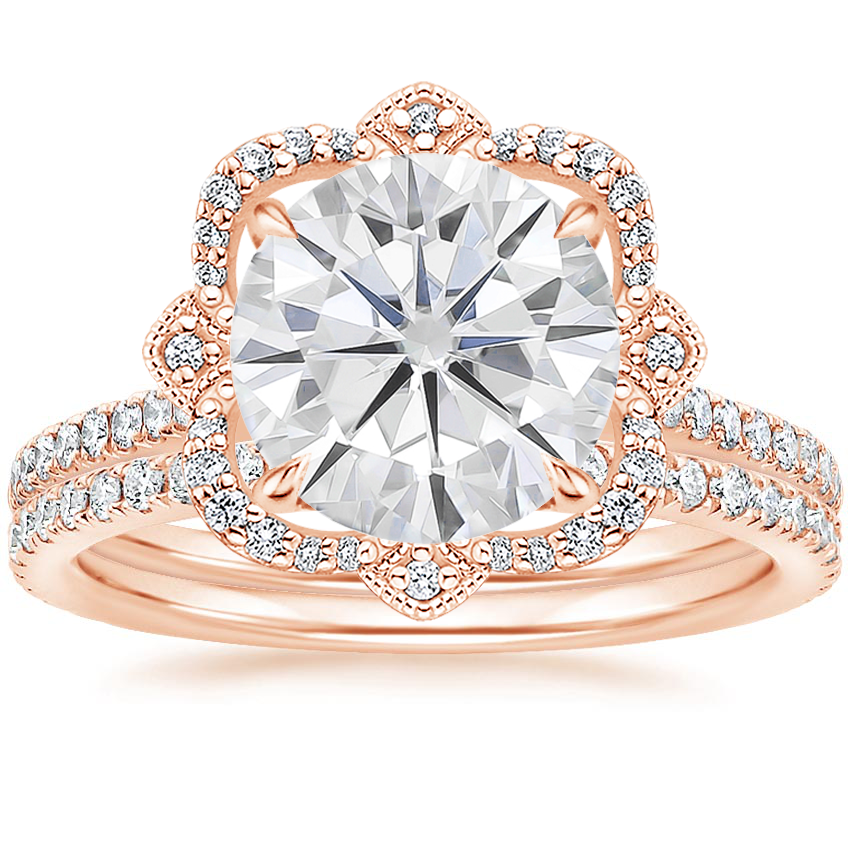 14KR Moissanite Reina Diamond Ring with Luxe Ballad Diamond Ring (1/4 ct. tw.), top view