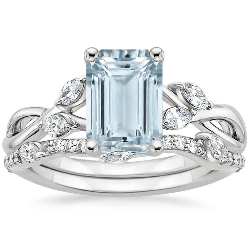 18KW Aquamarine Willow Diamond Ring (1/8 ct. tw.) with Luxe Willow Diamond Wedding Ring (1/5 ct. tw.), top view