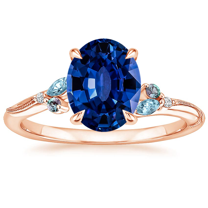 14K Rose Gold Camellia Indigo Milgrain Ring, large top view