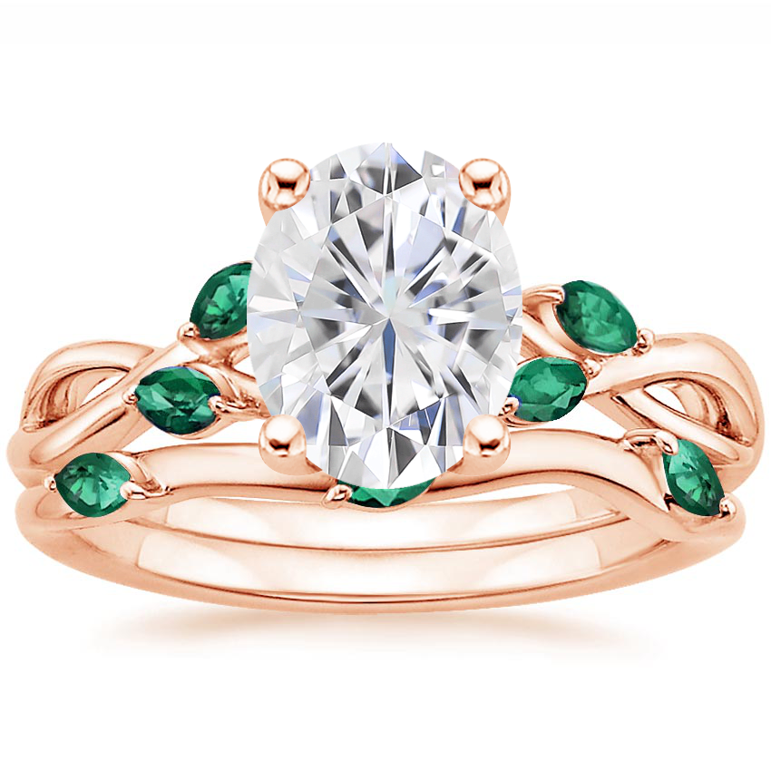 14KR Moissanite Willow Bridal Set With Lab Emerald Accents, top view