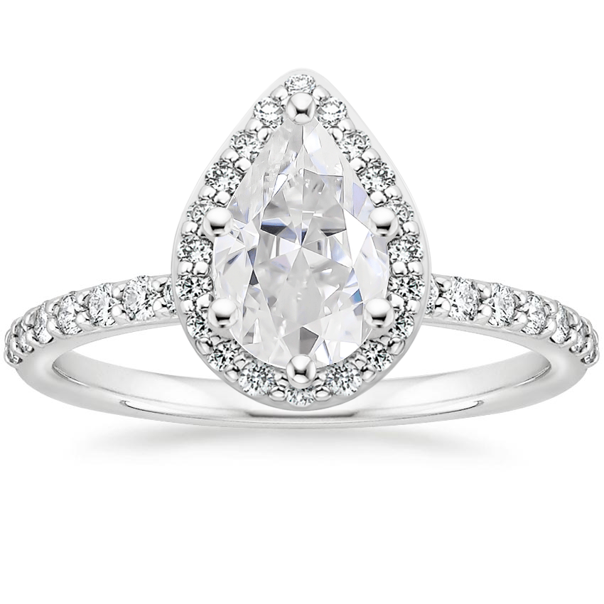 Moissanite Shared Prong Halo Diamond Ring in 18K White Gold
