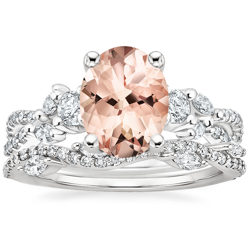 PT Morganite Three Stone Luxe Willow Diamond Ring with Luxe Winding Willow Diamond Ring, top view
