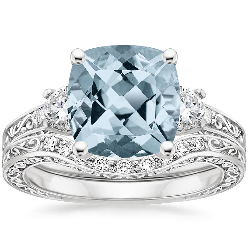 18KW Aquamarine Antique Scroll Three Stone Trellis Diamond Bridal Set, top view