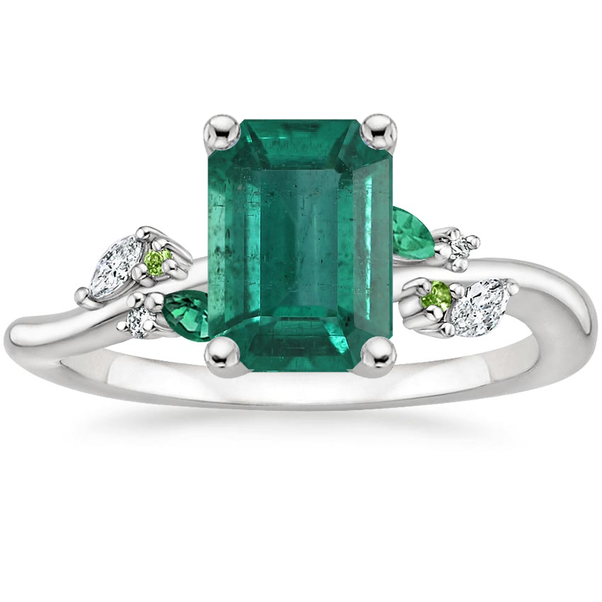 18K White Gold Arden Diamond Ring with Lab Emerald Accents, large top view