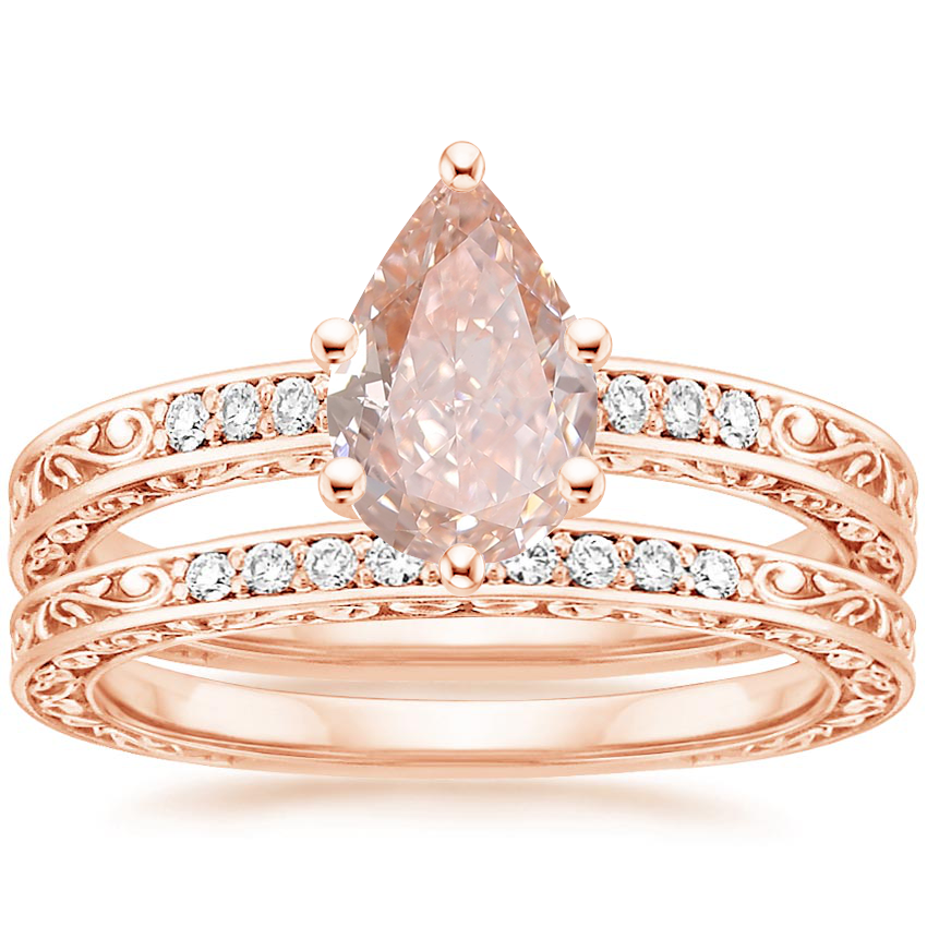 14K Rose Gold Delicate Antique Scroll Diamond Bridal Set