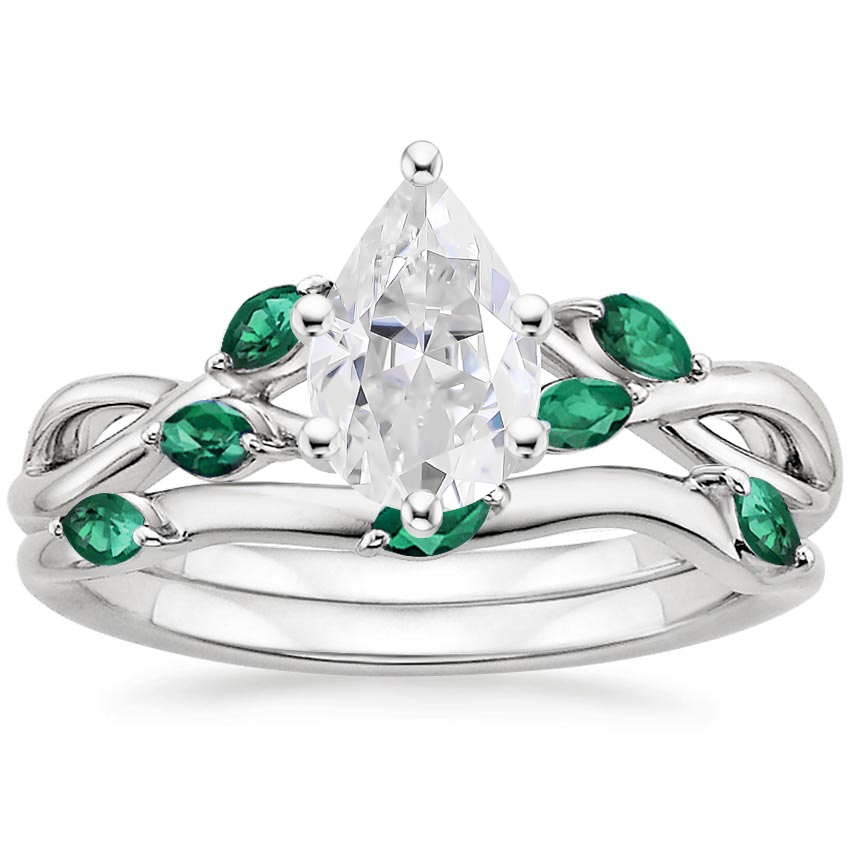 18KW Moissanite Willow Bridal Set With Lab Emerald Accents, top view