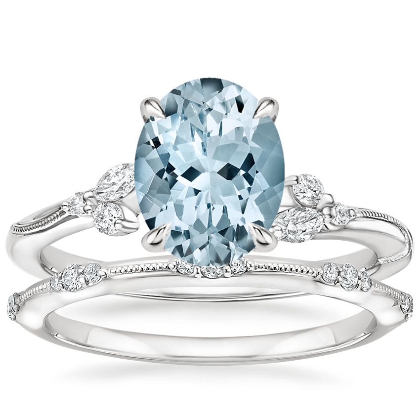 18KW Aquamarine Camellia Diamond Ring with Alena Diamond Ring, top view