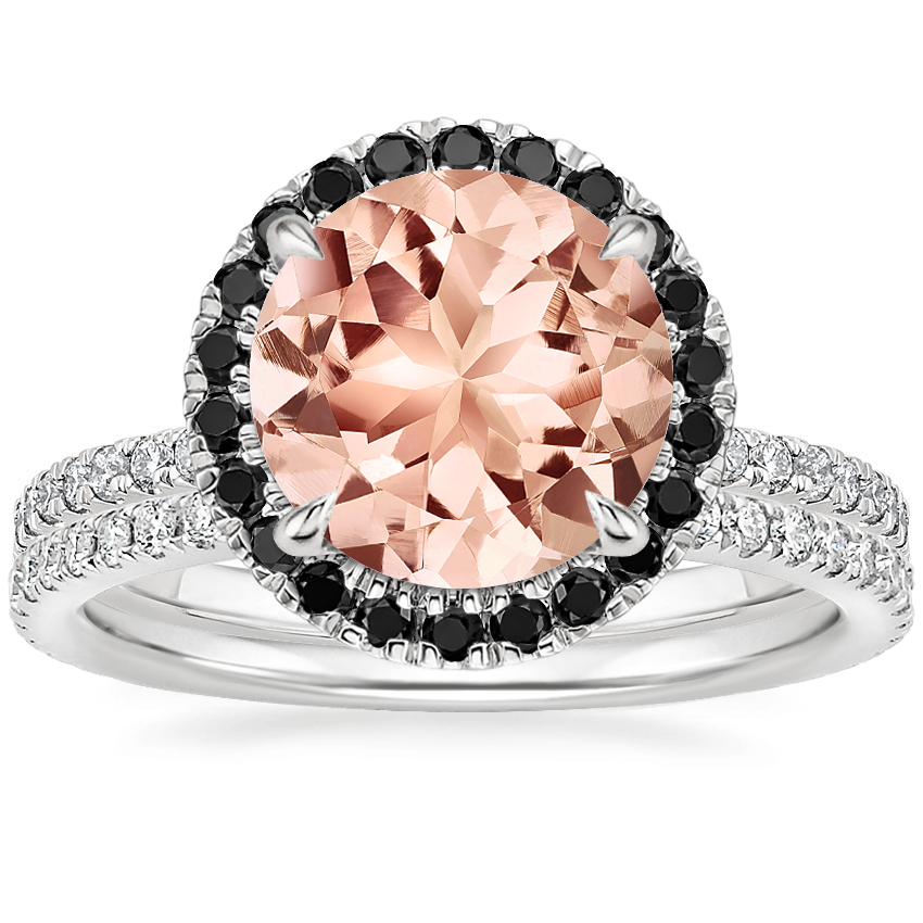 18KW Morganite Waverly Diamond Ring with Black Diamond Accents with Luxe Ballad Diamond Ring, top view