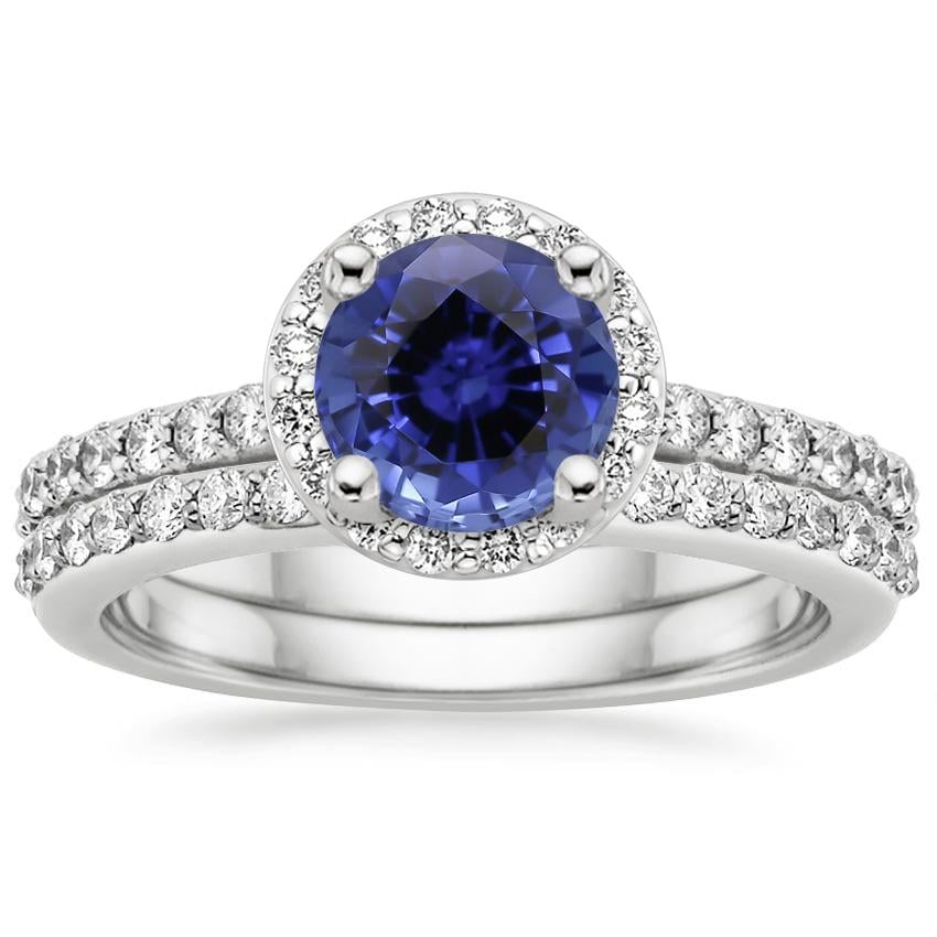 18KW Sapphire Halo Diamond Ring with Side Stones (1/3 ct. tw.) with Petite Shared Prong Diamond Ring (1/4 ct. tw.), top view