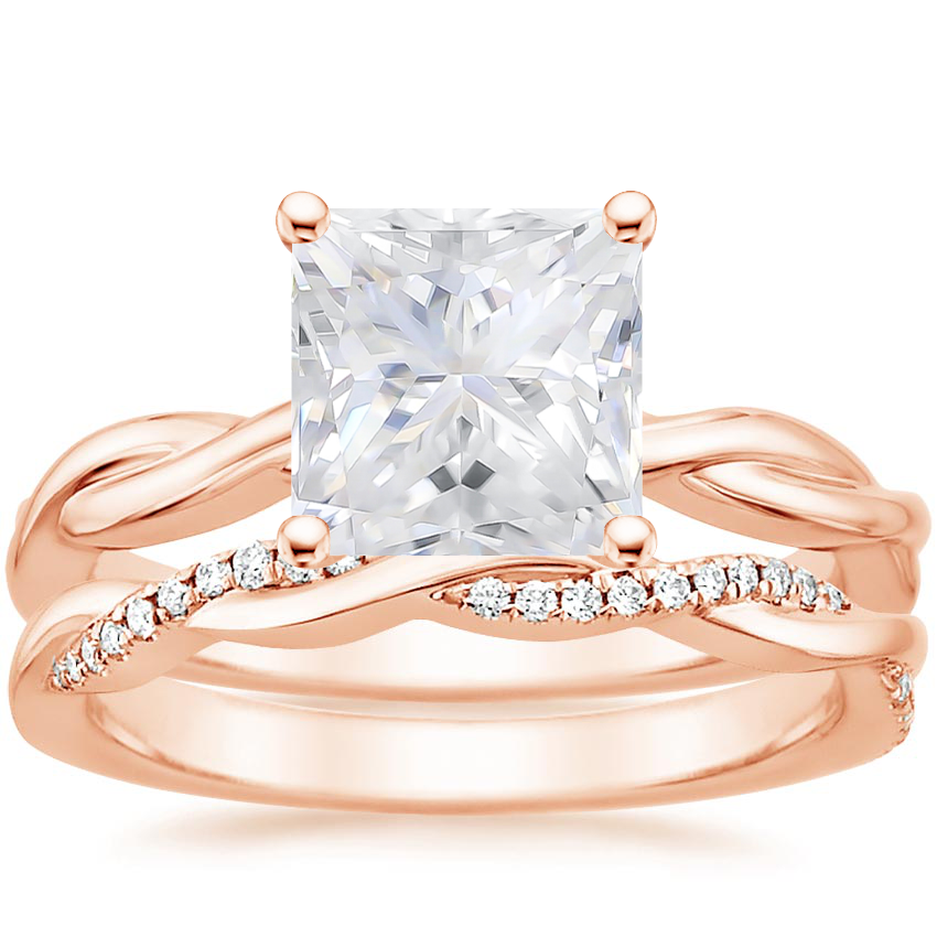 14KR Moissanite Twisted Vine Ring with Petite Twisted Vine Diamond Ring (1/8 ct. tw.), top view