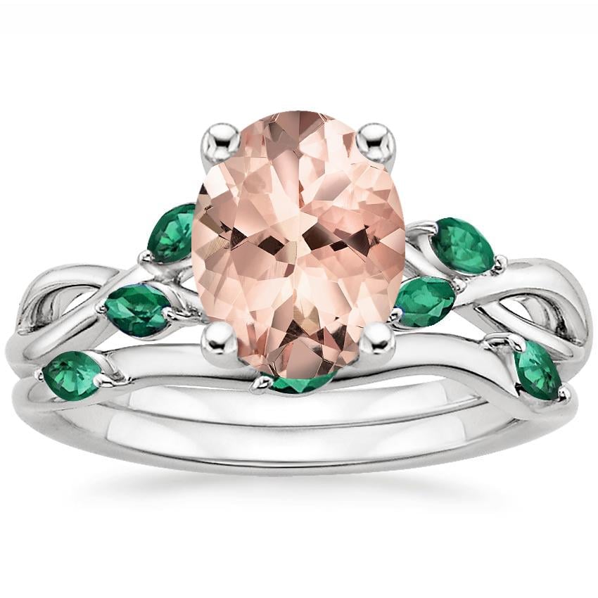 18KW Morganite Willow Bridal Set With Lab Emerald Accents, top view