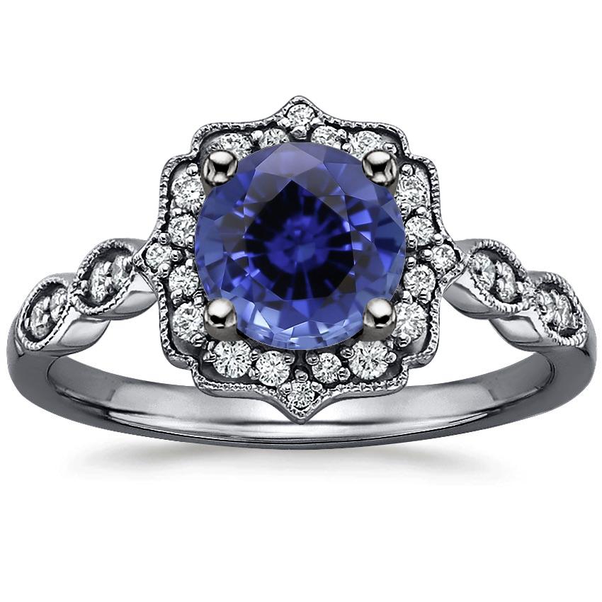Sapphire Black Rhodium Cadenza Halo Diamond Ring in 18K White Gold