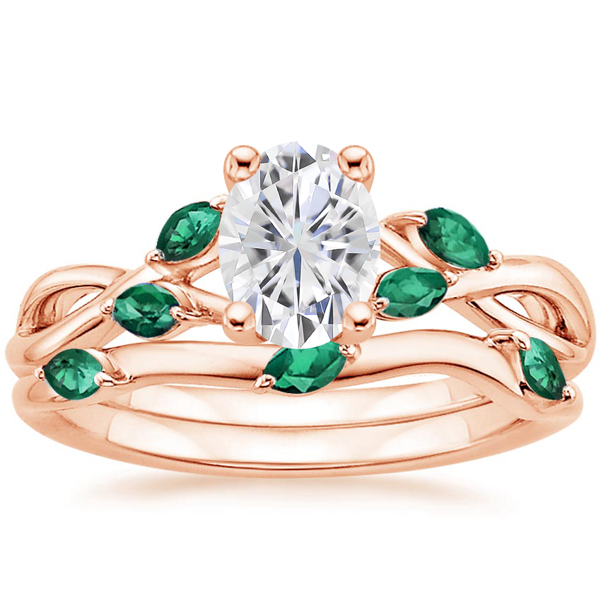 14KR Moissanite Willow Bridal Set With Lab Emerald Accents, top view