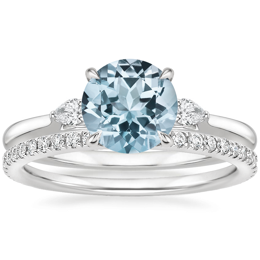 PT Aquamarine Perfect Fit Three Stone Pear Diamond Ring with Luxe Ballad Diamond Ring, top view