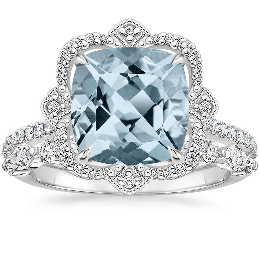 18KW Aquamarine Reina Diamond Ring with Versailles Diamond Ring (3/8 ct. tw.), top view