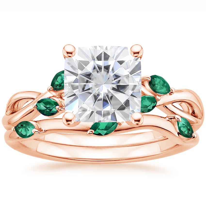14KR Moissanite Willow Bridal Set With Lab Emerald Accents, top view