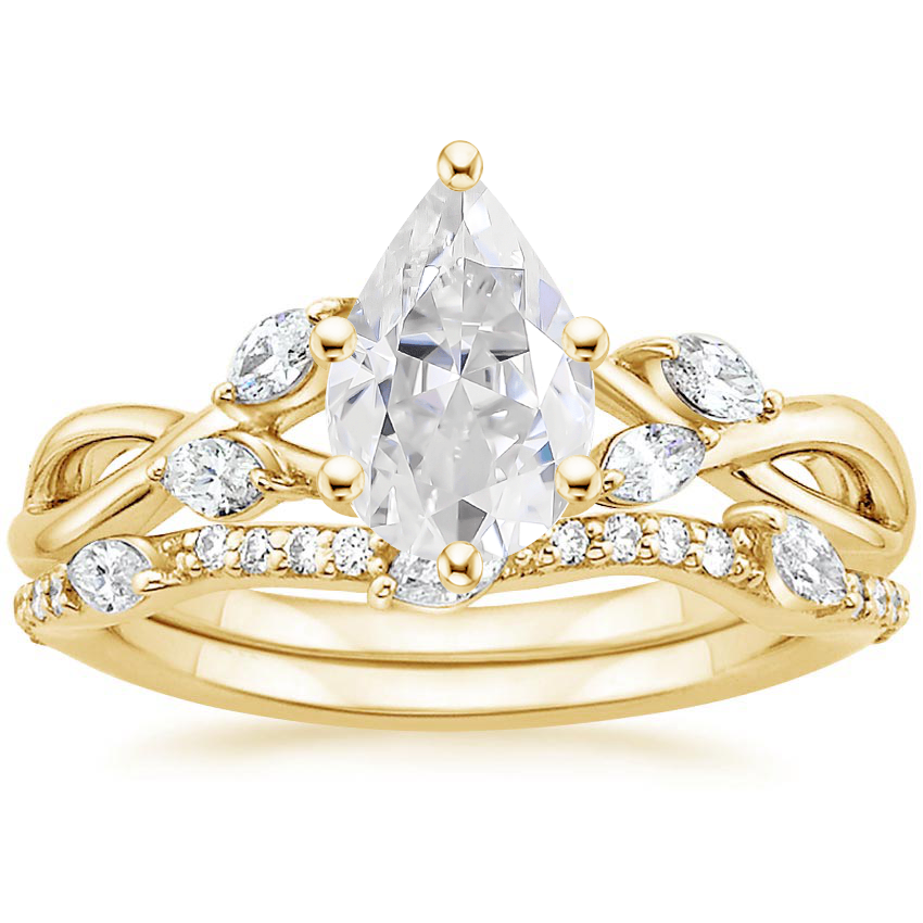 18KY Moissanite Willow Diamond Ring (1/8 ct. tw.) with Luxe Willow Diamond Wedding Ring (1/5 ct. tw.), top view
