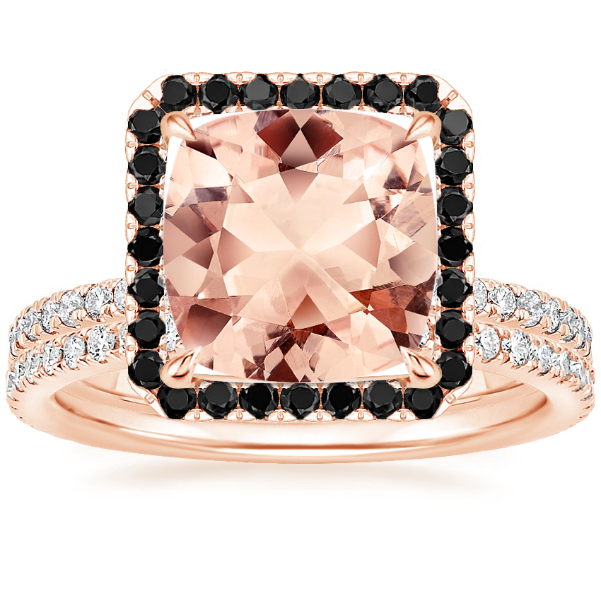 14KR Morganite Waverly Diamond Ring with Black Diamond Accents with Luxe Ballad Diamond Ring, top view